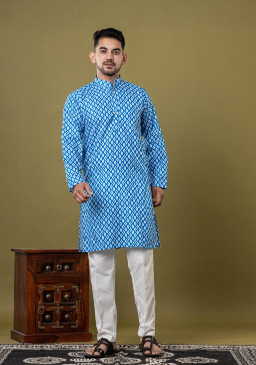 Men's Blue & White Ikat Print Cotton Kurta with White Pajama