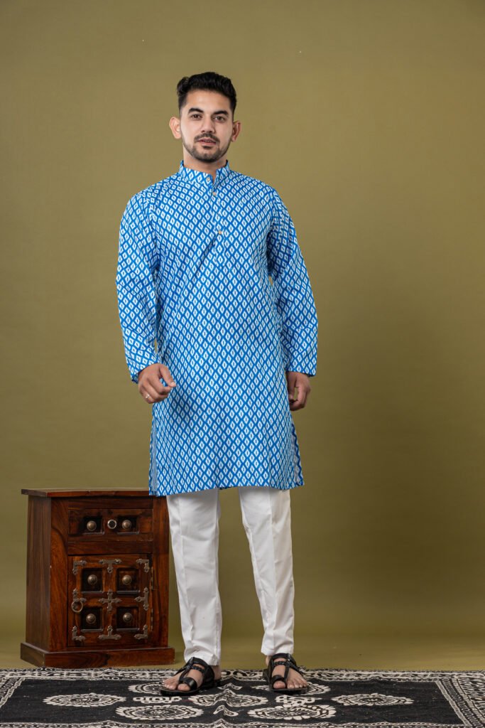 Men's Blue & White Ikat Print Cotton Kurta with White Pajama