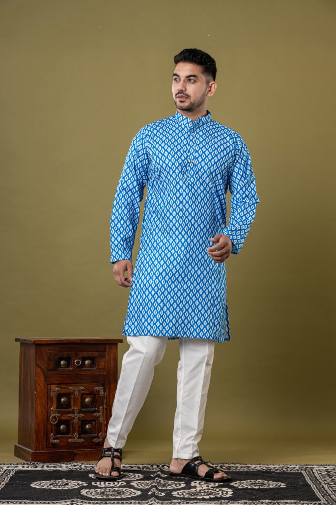 Men's Blue & White Ikat Print Cotton Kurta with White Pajama