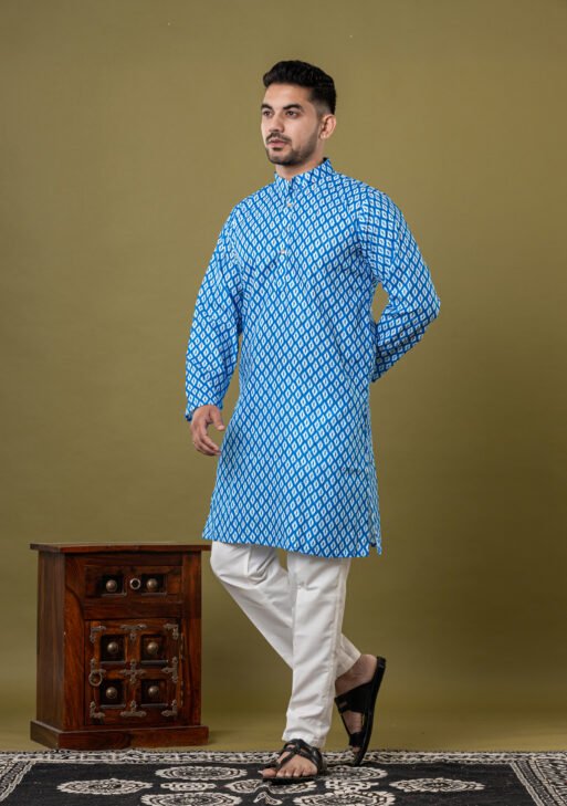 Men's Blue & White Ikat Print Cotton Kurta with White Pajama