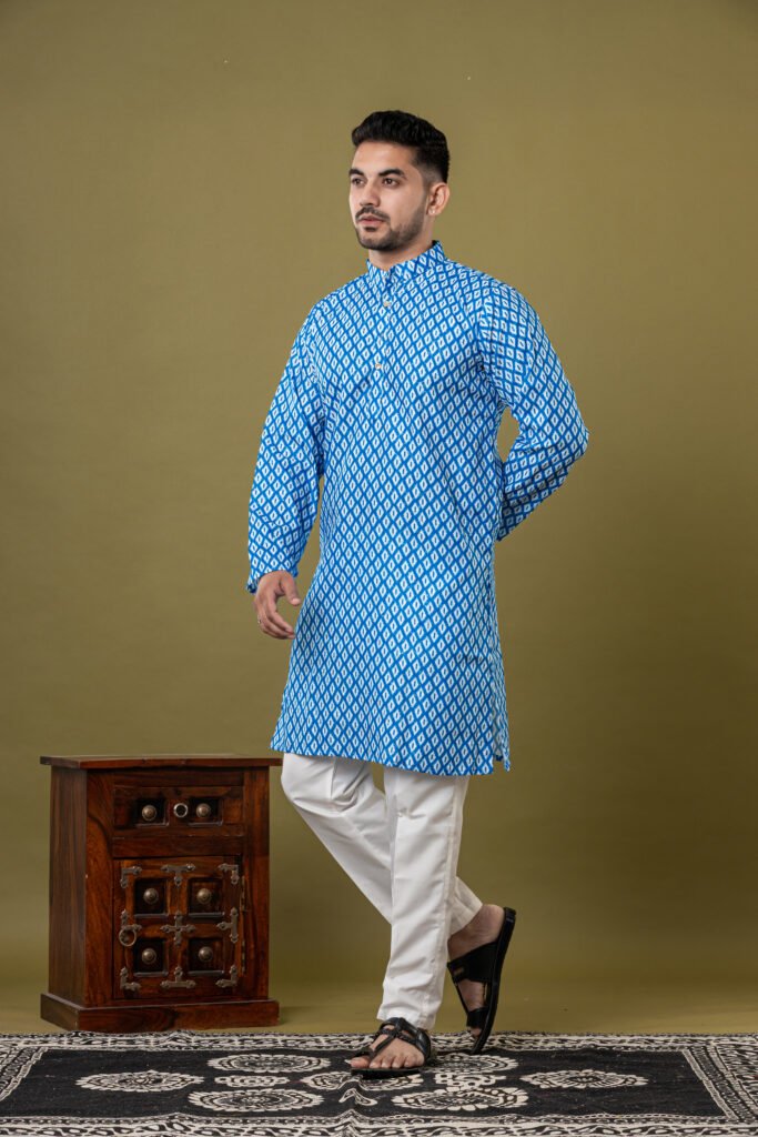 Men's Blue & White Ikat Print Cotton Kurta with White Pajama