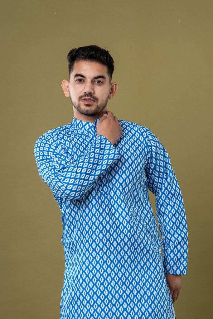 Men's Blue & White Ikat Print Cotton Kurta with White Pajama