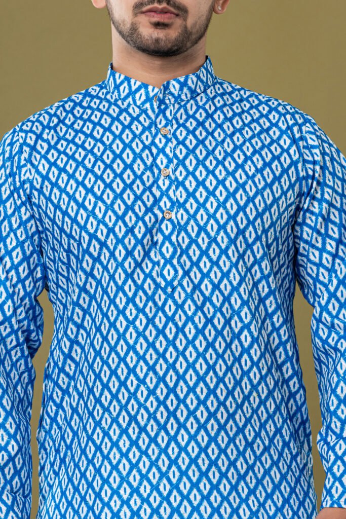 Men's Blue & White Ikat Print Cotton Kurta with White Pajama