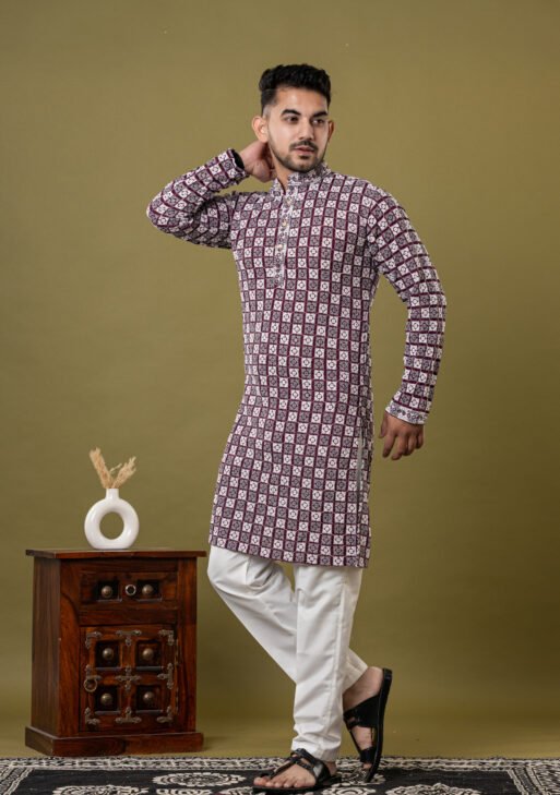 Men's Maroon & White Block Print Cotton Kurta with White Pajama