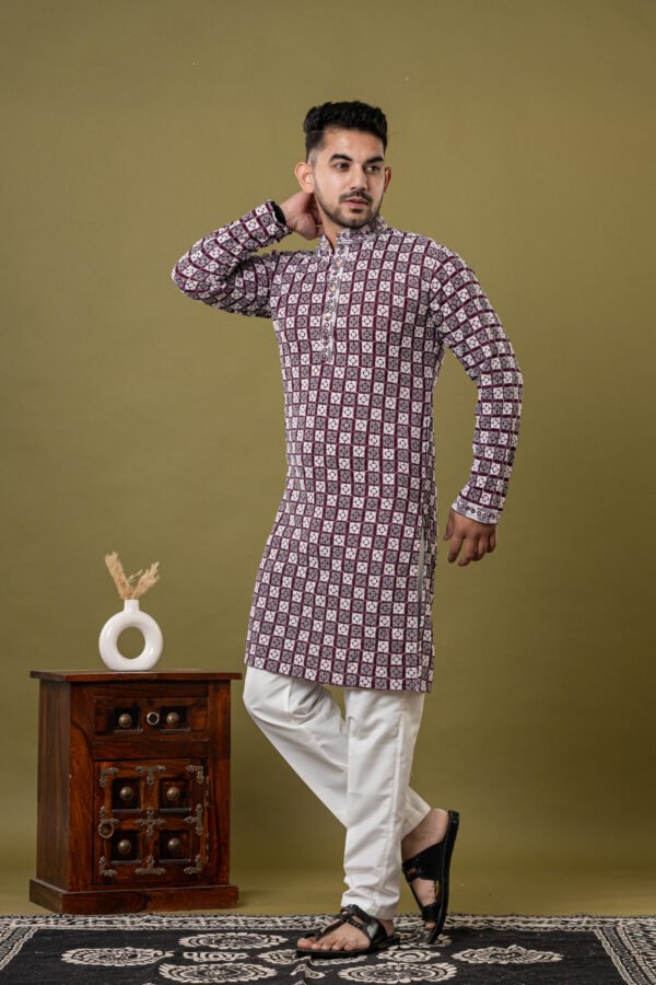 Men's Maroon & White Block Print Cotton Kurta with White Pajama
