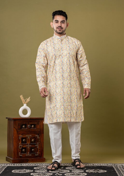 Men's Yellow Multicolor Abstract Print Cotton Kurta with White Pajama