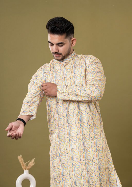Men's Yellow Multicolor Abstract Print Cotton Kurta with White Pajama
