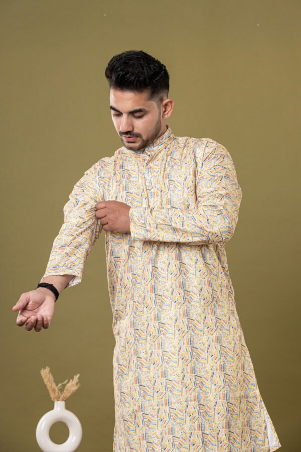 Men's Yellow Multicolor Abstract Print Cotton Kurta with White Pajama