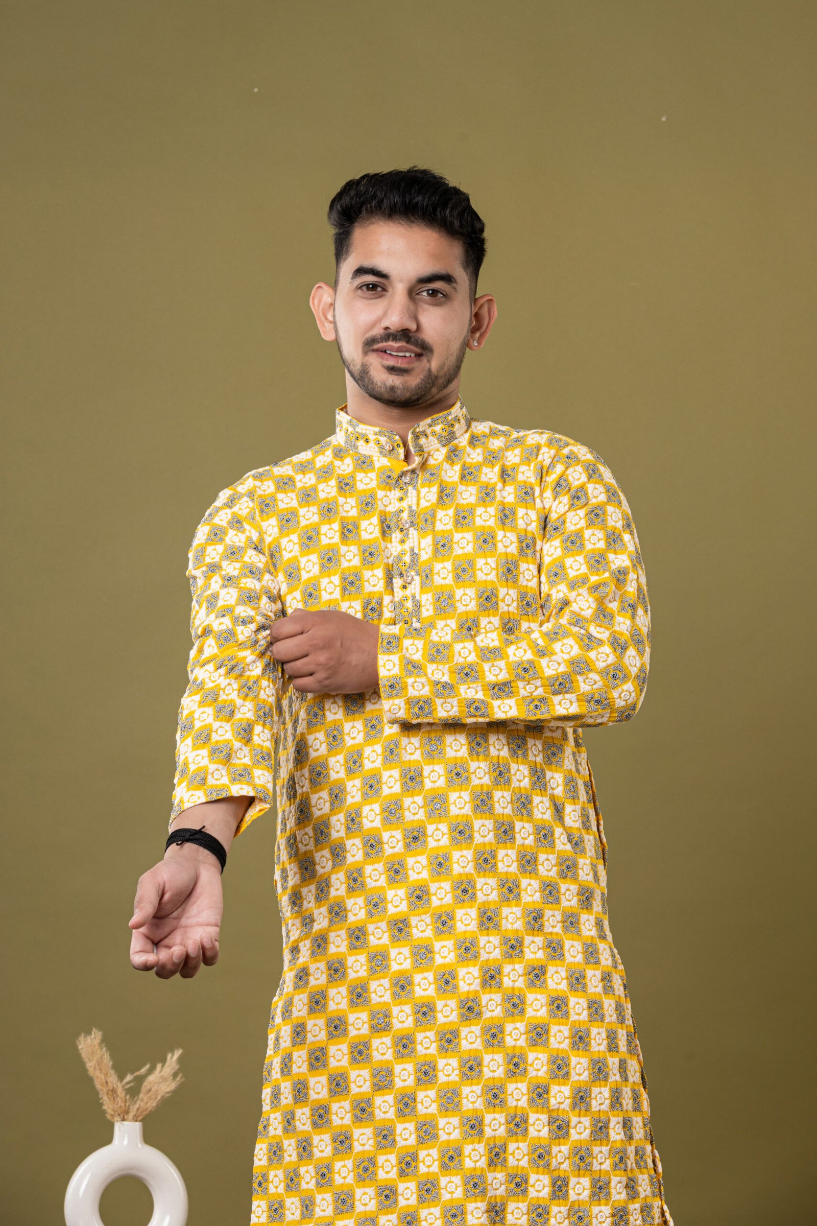 Men's Yellow & White Block Print Cotton Kurta with White Pajama