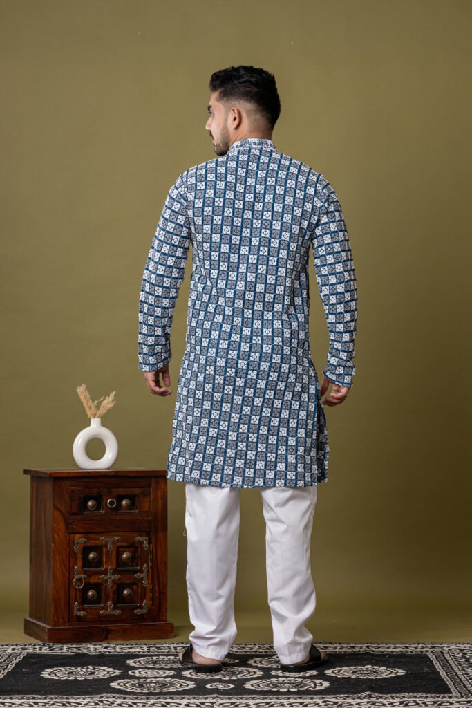 Men's Blue & White Floral Geometric Cotton Kurta with White Pajama