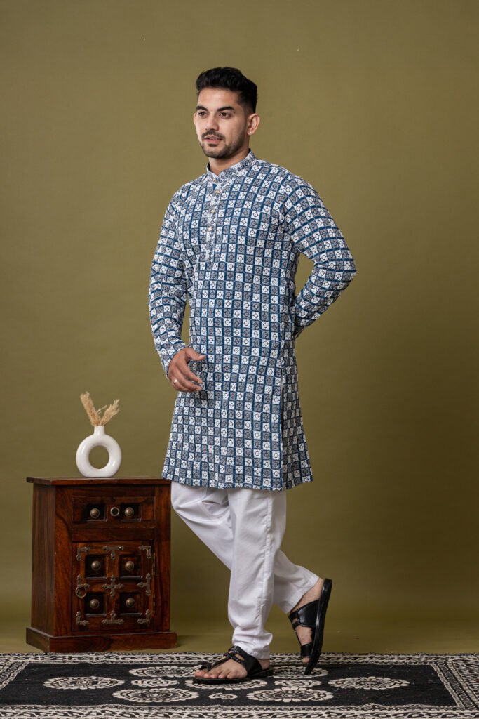 Men's Blue & White Floral Geometric Cotton Kurta with White Pajama