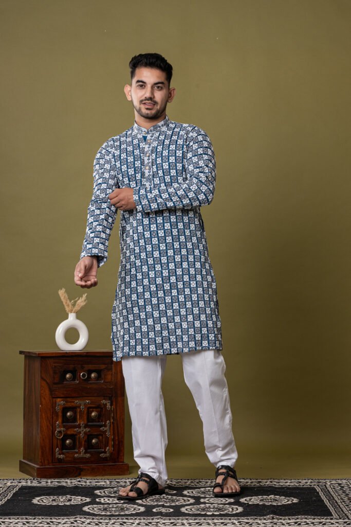 Men's Blue & White Floral Geometric Cotton Kurta with White Pajama