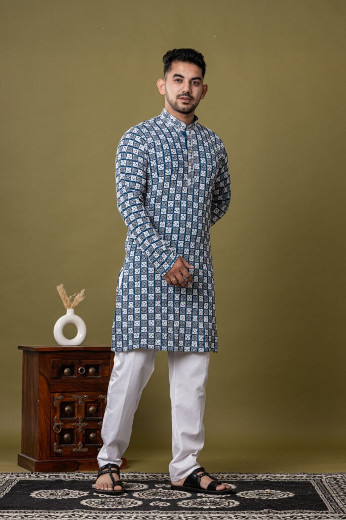 Men's Blue & White Floral Geometric Cotton Kurta with White Pajama