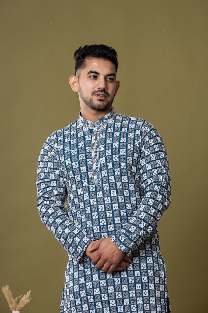 Men's Blue & White Floral Geometric Cotton Kurta with White Pajama
