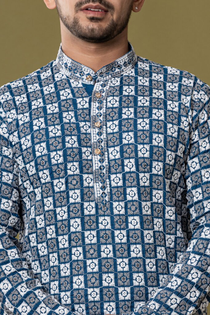 Men's Blue & White Floral Geometric Cotton Kurta with White Pajama