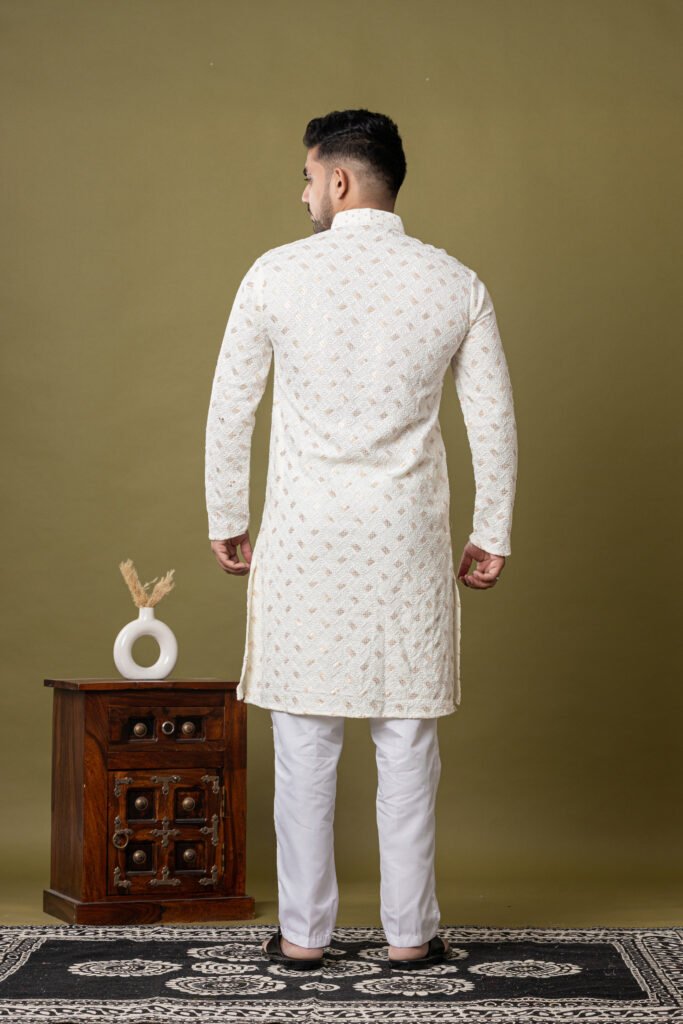 Men's White Golden Jacquard Designer Kurta with White Pajama