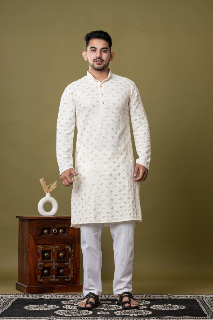 Men's White Golden Jacquard Designer Kurta with White Pajama