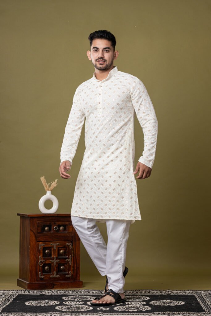 Men's White Golden Jacquard Designer Kurta with White Pajama