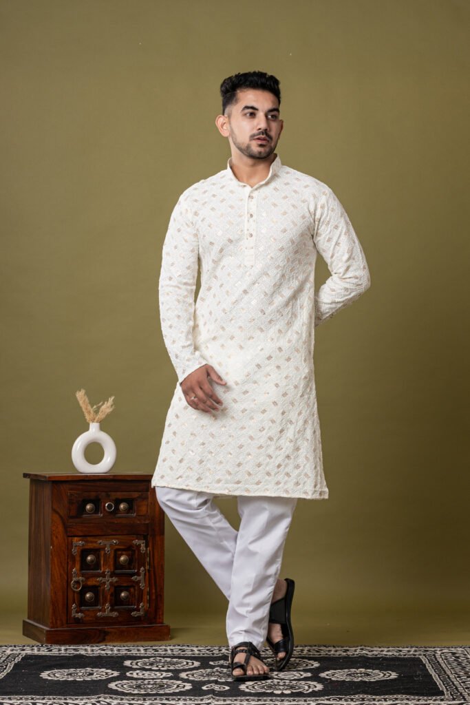 Men's White Golden Jacquard Designer Kurta with White Pajama