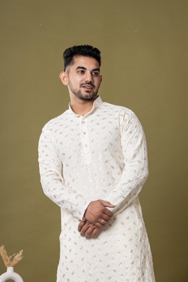 Men's White Golden Jacquard Designer Kurta with White Pajama
