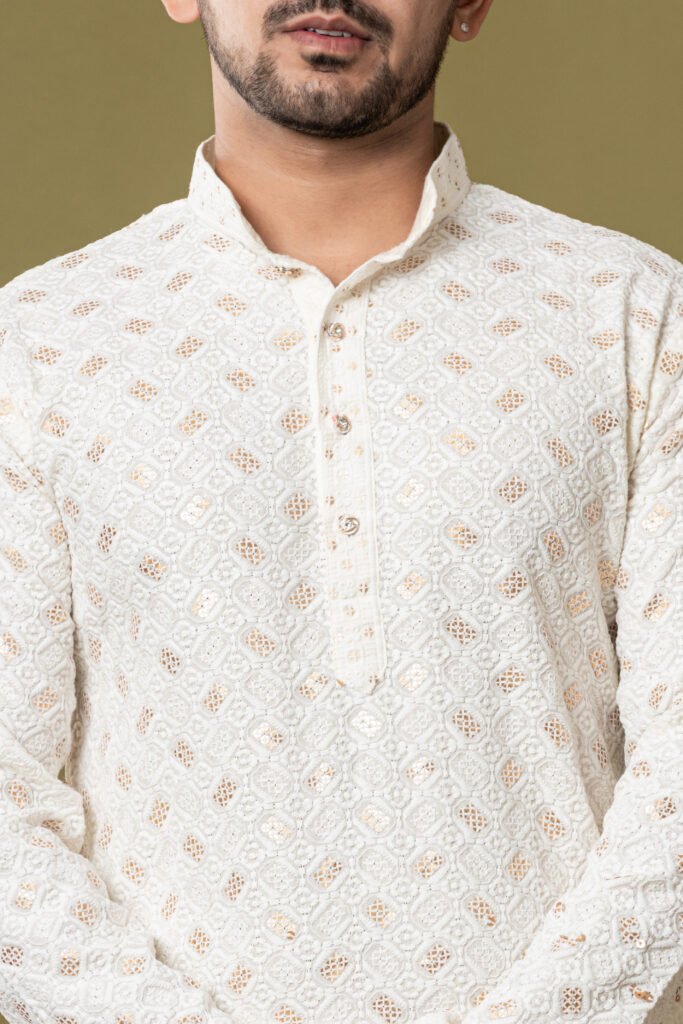 Men's White Golden Jacquard Designer Kurta with White Pajama