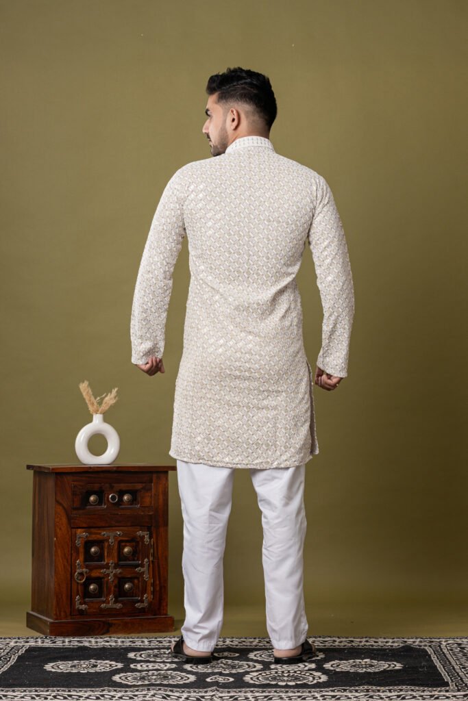 Men's Light Beige Jacquard Printed Cotton Kurta with White Pajama