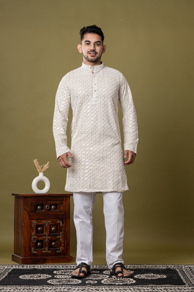 Men's Light Beige Jacquard Printed Cotton Kurta with White Pajama