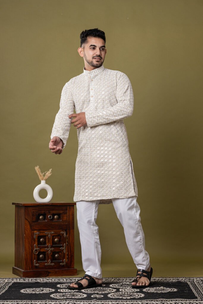 Men's Light Beige Jacquard Printed Cotton Kurta with White Pajama