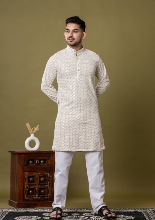 Men's Light Beige Jacquard Printed Cotton Kurta with White Pajama