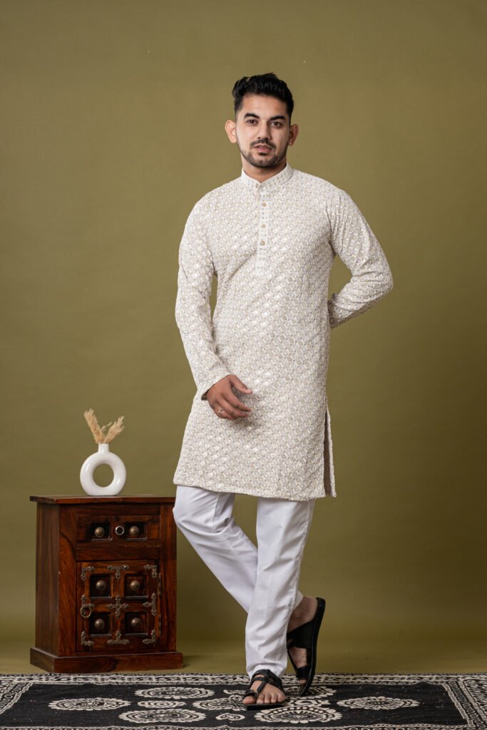 Men's Light Beige Jacquard Printed Cotton Kurta with White Pajama