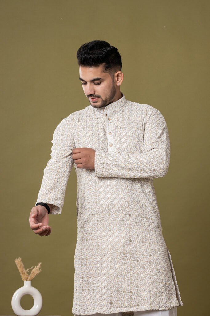 Men's Light Beige Jacquard Printed Cotton Kurta with White Pajama