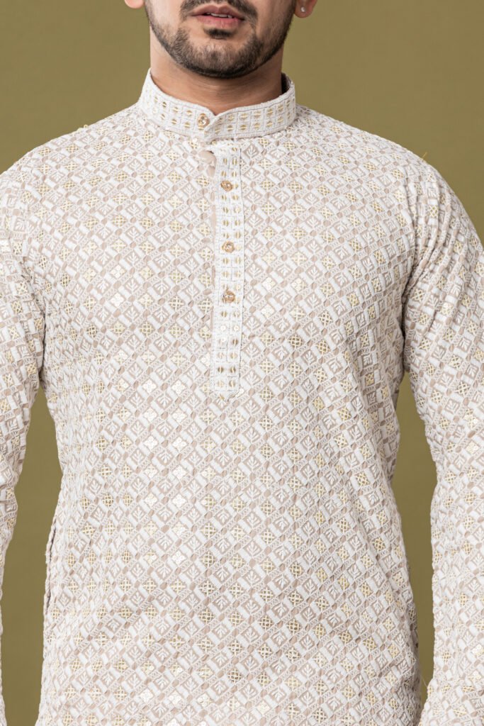 Men's Light Beige Jacquard Printed Cotton Kurta with White Pajama