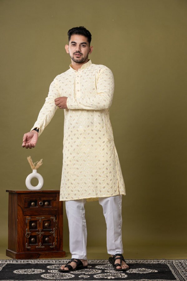 Men's pastel yellow Golden Jacquard Kurta with White Pajama