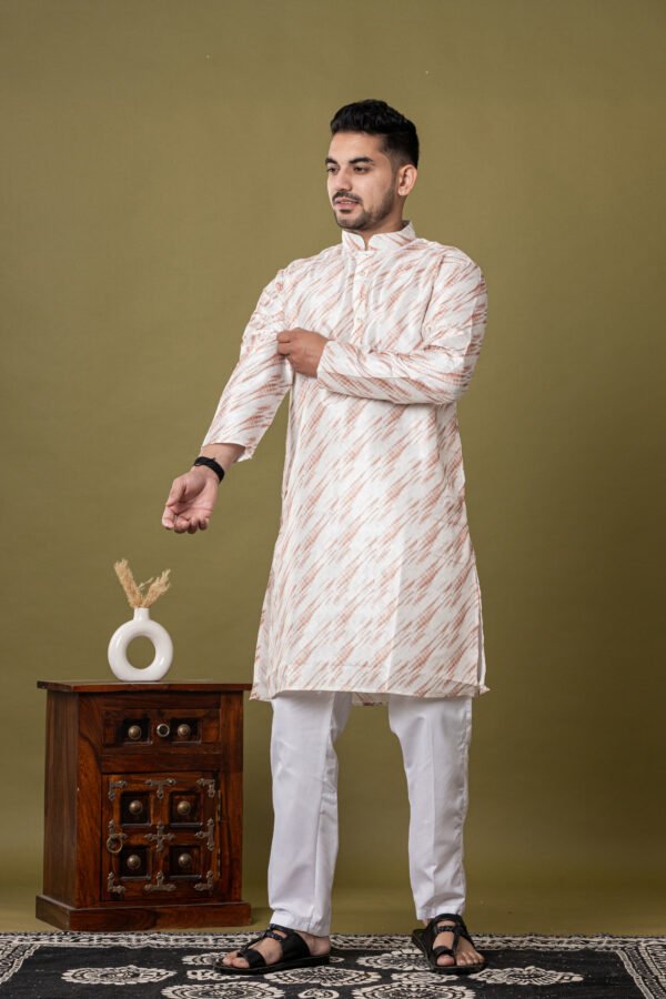 Men's White & Rust Ikat Print Cotton Kurta with White Pajama