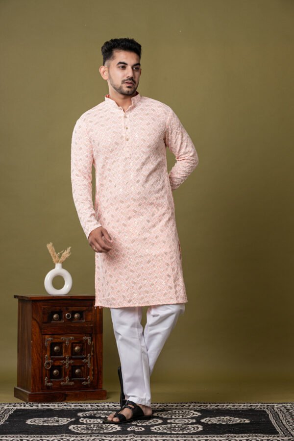 Men's Peach & White Jacquard Kurta with White Pajama