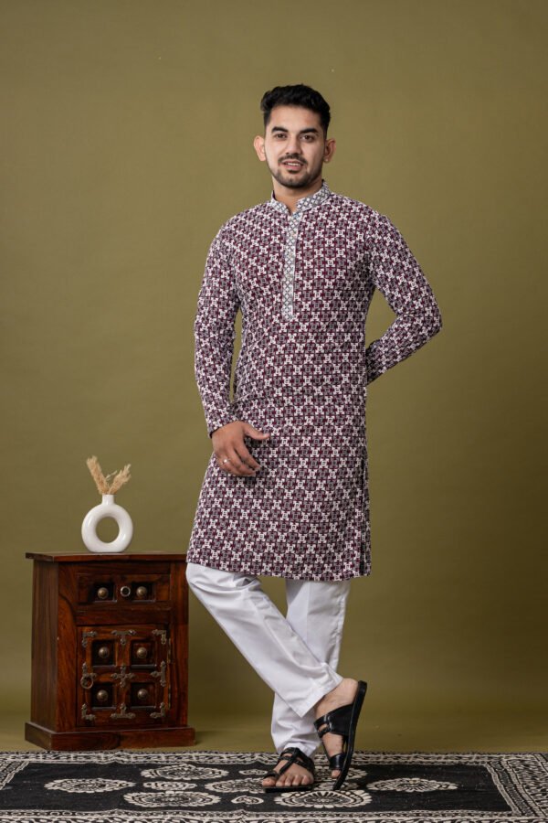 Men's Maroon & White Abstract Printed Cotton Kurta with White Pajama