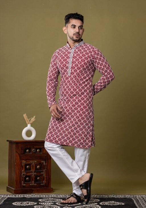 Men's Red & White Abstract Printed Cotton Kurta with White Pajama