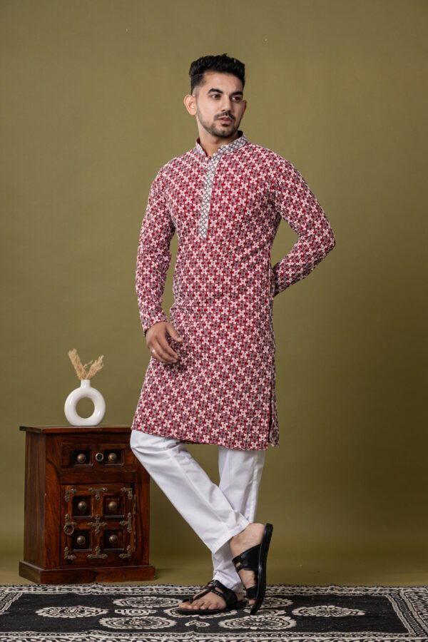 Men's Red & White Abstract Printed Cotton Kurta with White Pajama