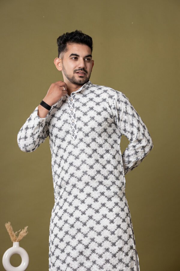 Men's White & Black Embroidered Cotton Kurta with White Pajama