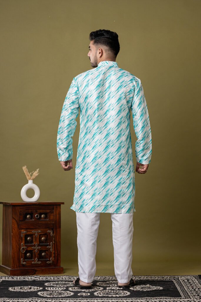 Men's White & turquoise Ikat Print Cotton Kurta with White Pajama