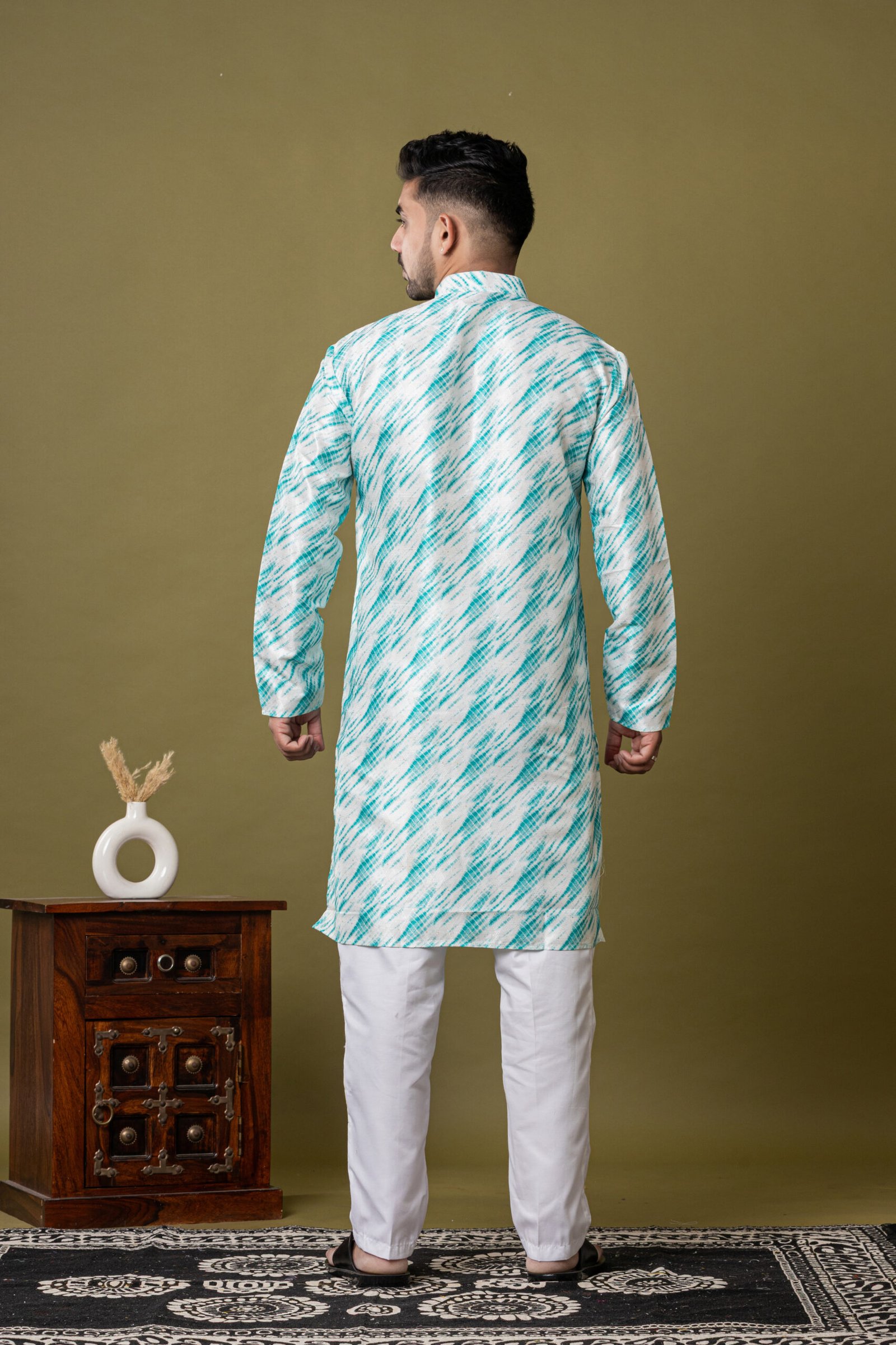 Men's White & turquoise Ikat Print Cotton Kurta with White Pajama - Image 2