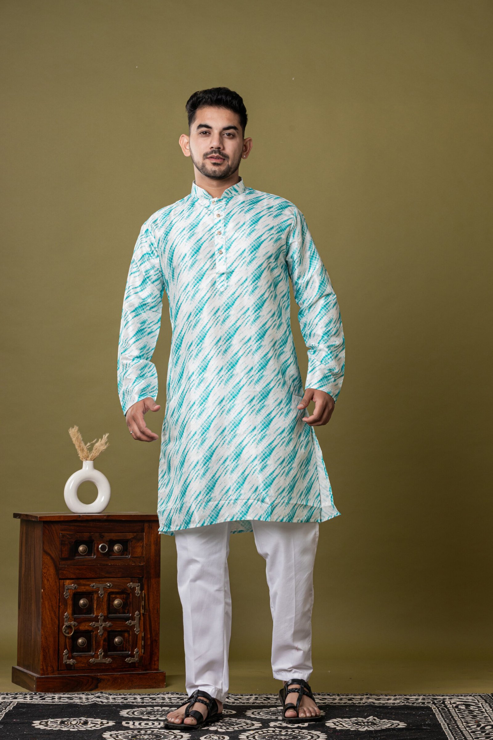 Men's White & turquoise Ikat Print Cotton Kurta with White Pajama - Image 1