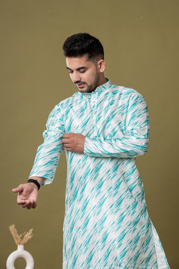 Men's White & turquoise Ikat Print Cotton Kurta with White Pajama