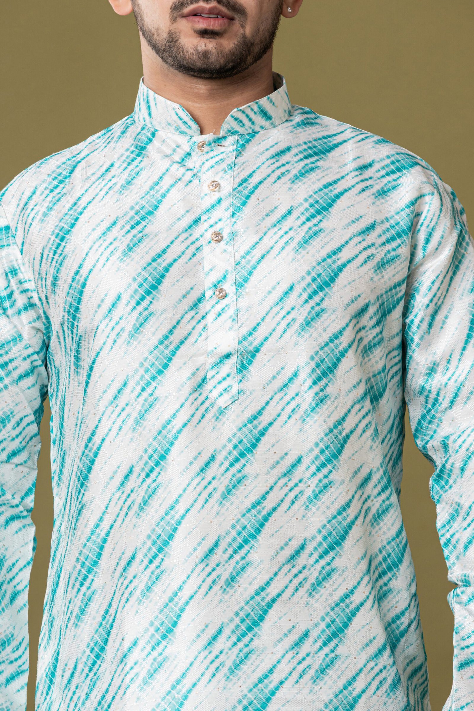 Men's White & turquoise Ikat Print Cotton Kurta with White Pajama - Image 4