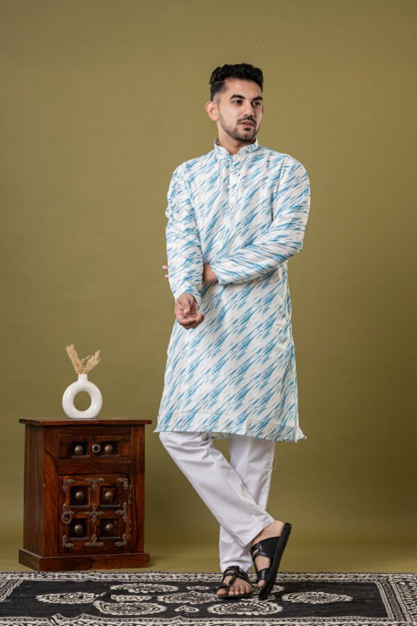 Men's White & Sky Blue Ikat Printed Cotton Kurta with White Pajama