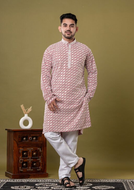 Men's White & Red Block Print Cotton Kurta with White Pajama