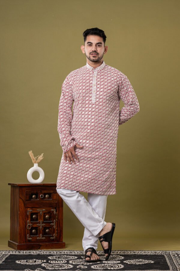 Men's White & Red Block Print Cotton Kurta with White Pajama