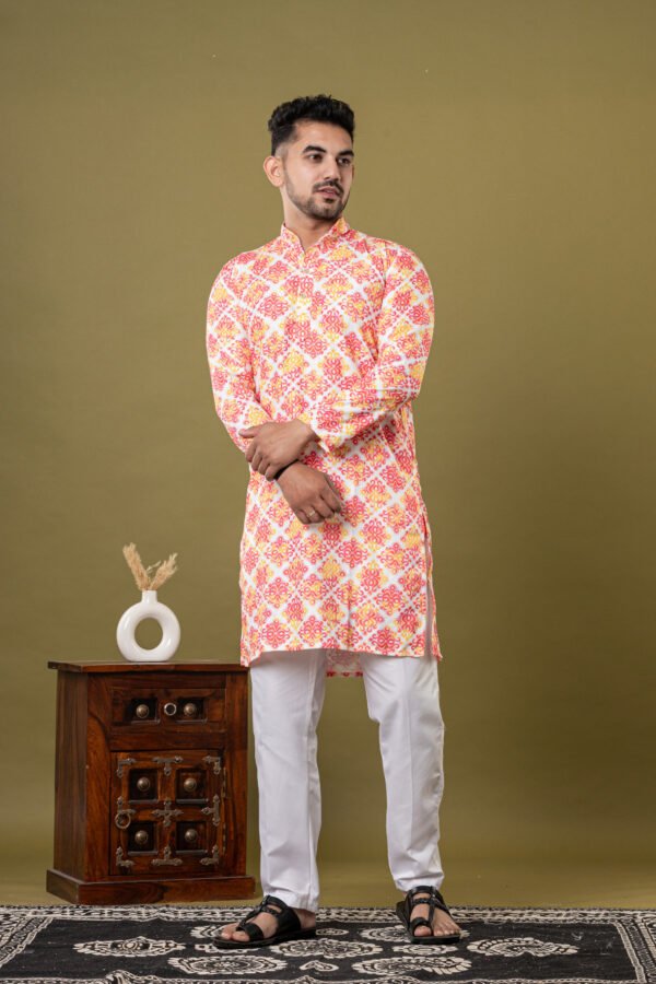 Men's White & Multicolor Block Print Cotton Kurta with White Pajama