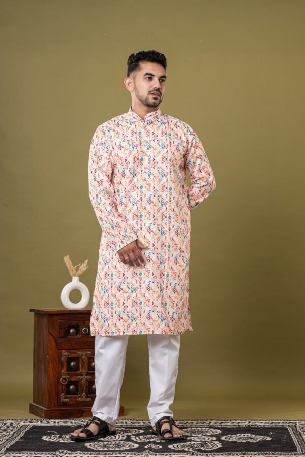 Men's White & Multicolor Printed Cotton Kurta with White Pajama