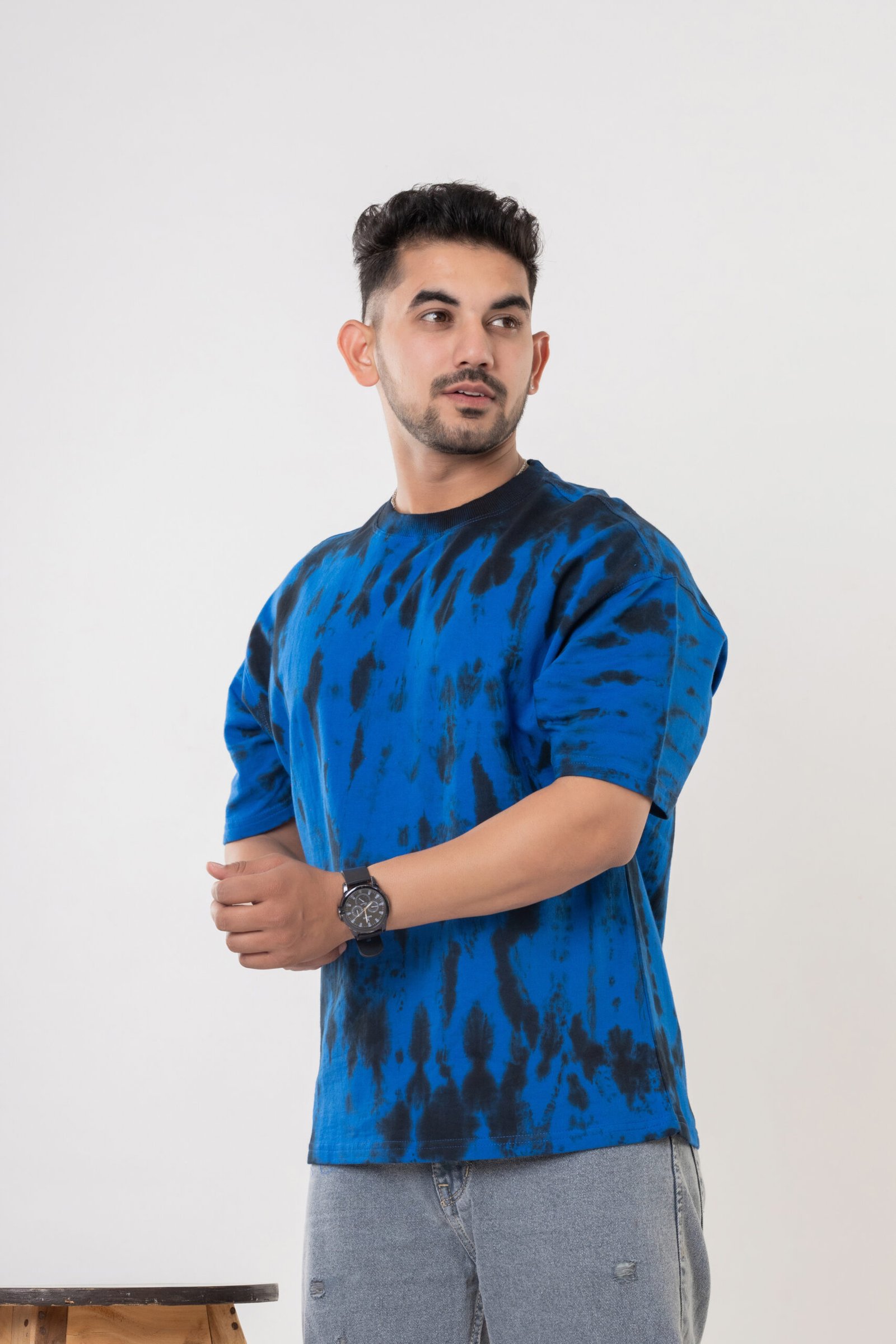 Blue & Black Tie-Dye Oversized Cotton T-Shirt